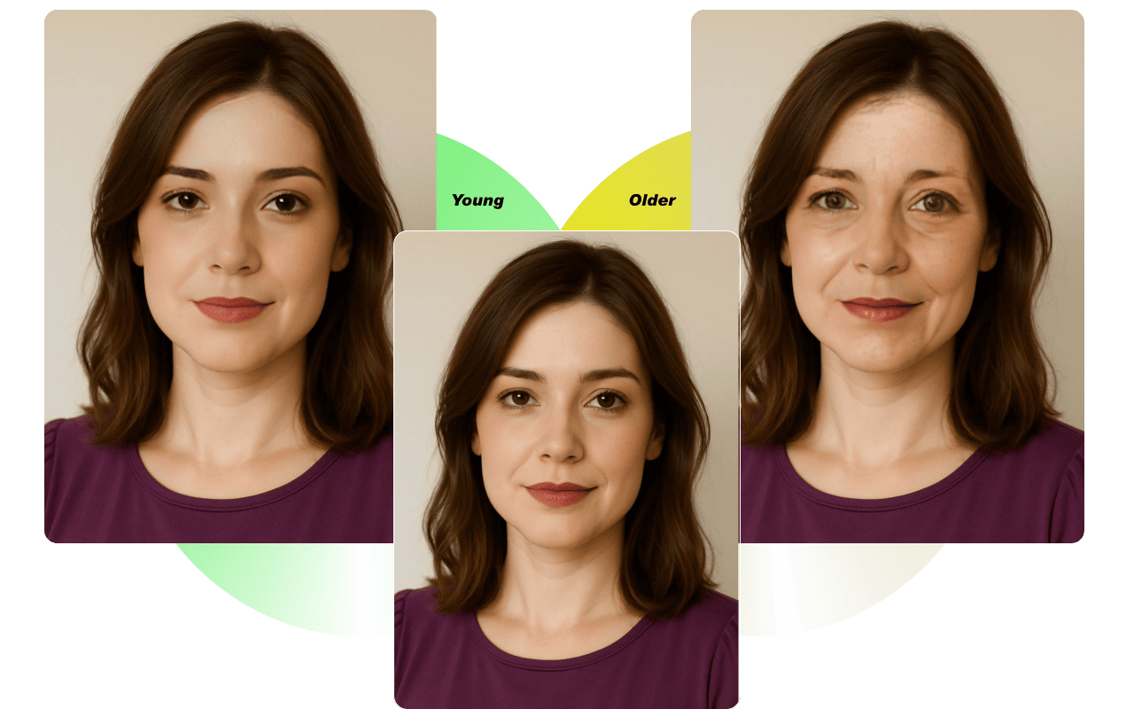 AI aging filter preview showing young to old transition.