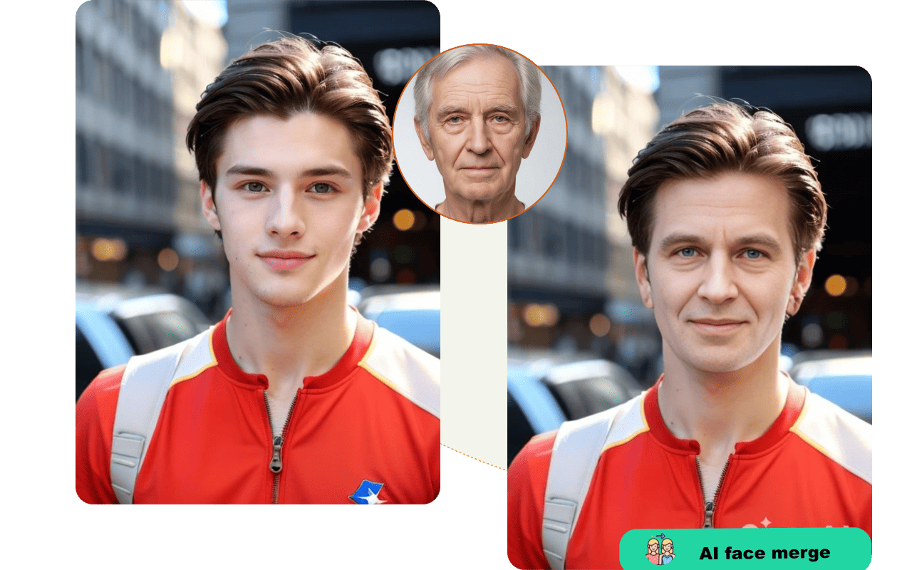 AI face morph example showing two portraits blended into one face to face morph result.