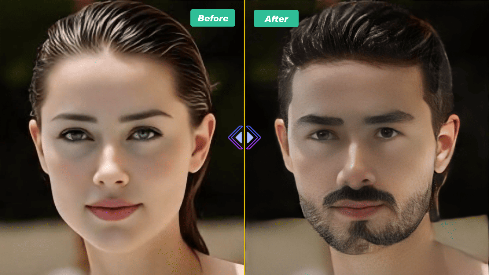 AI gender swap preview showing masculine-to-feminine styling.
