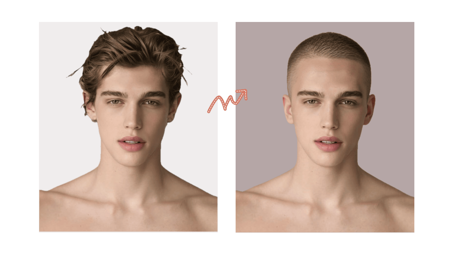 AI buzz cut filter transformation example 3 - before and after comparison showing virtual buzz cut preview